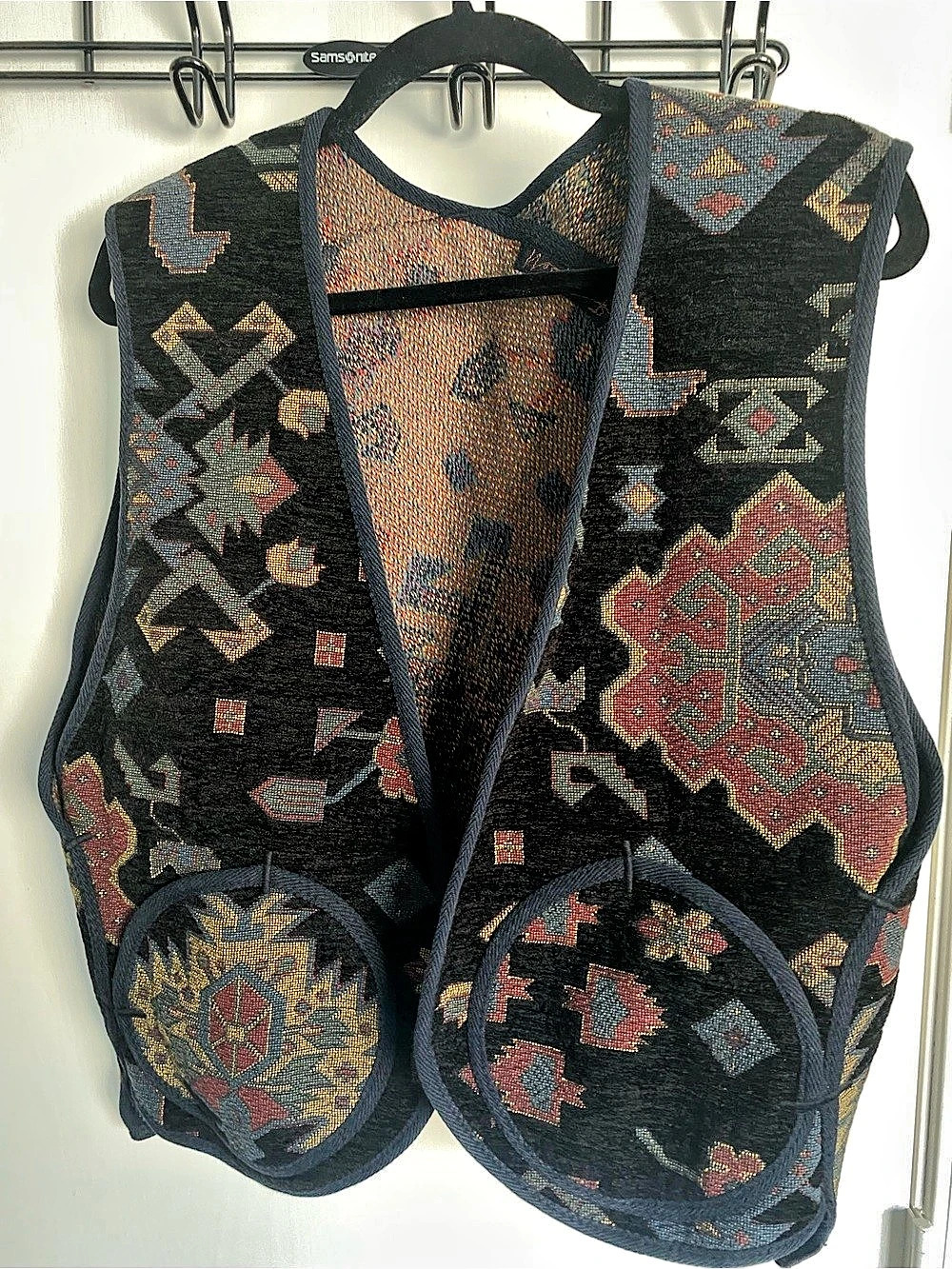 Vtg Southwestern Tapestry Open Front Vest Geometric Tribal Boho Large